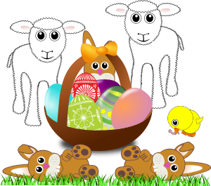 openclipart圖庫：Funny lambs, bunnies and chick with Easter eggs in a basket