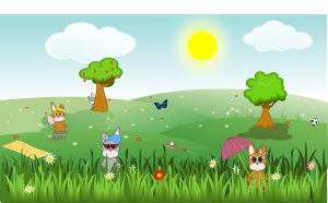 openclipart圖庫：Summer green and sunny landscape with bunnies, trees, flowers, butterfly, apples, sports, ...
