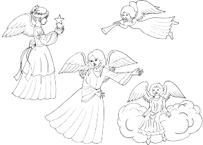 openclipart圖庫：Four Female Angels Line Art