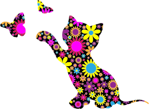 openclipart圖庫：Floral Kitten Playing With Butterflies Silhouette