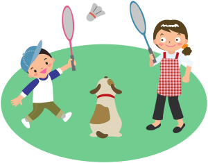 openclipart圖庫：Mother plays badminton with son and dog