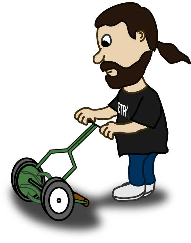 Comic characters: Guy pushing reel mower