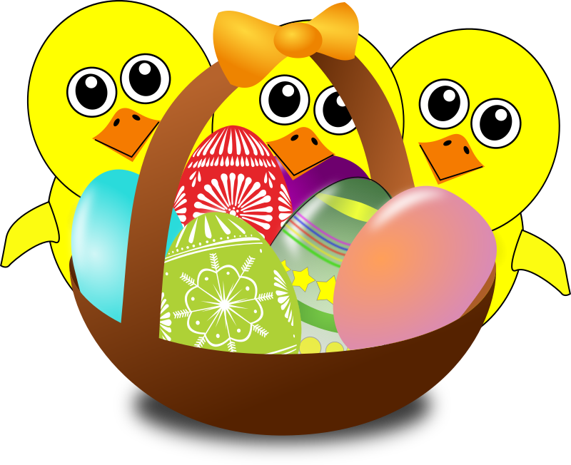 Funny Chicks Cartoon with Easter eggs in a basket