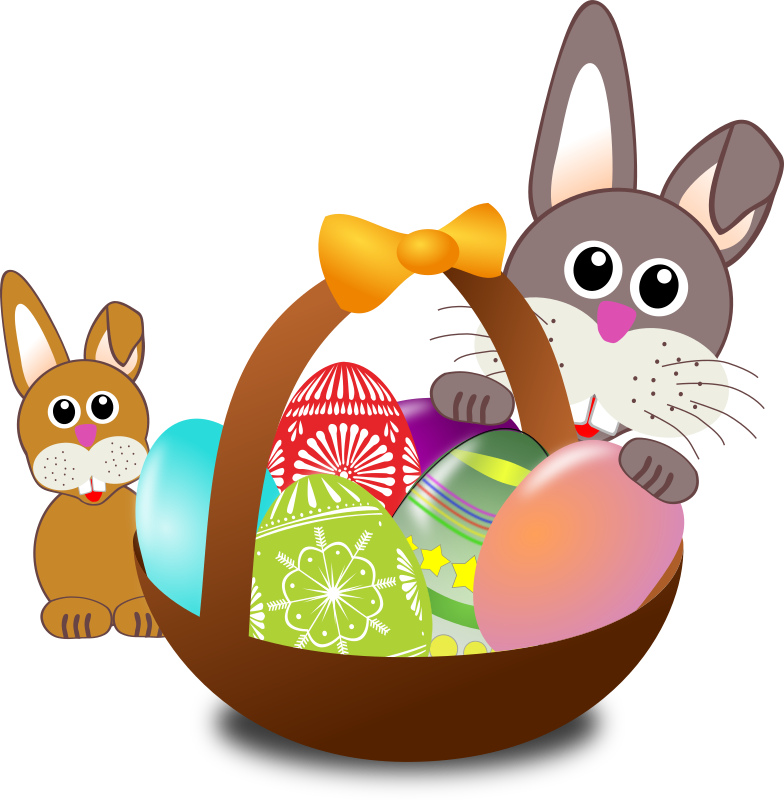 Funny bunny face with Easter eggs in a basket with baby rabbit