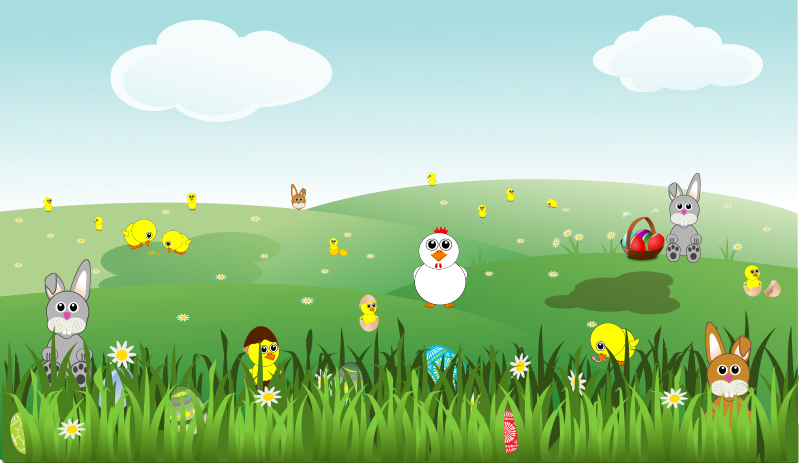 Easter Landscape with bunnies, chicks, eggs, chicken, flowers