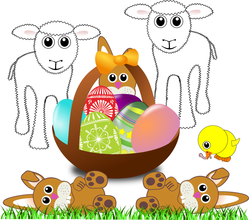 Funny lambs, bunnies and chick with Easter eggs in a basket
