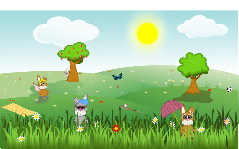 Summer green and sunny landscape with bunnies, trees, flowers, butterfly, apples, sports, ...