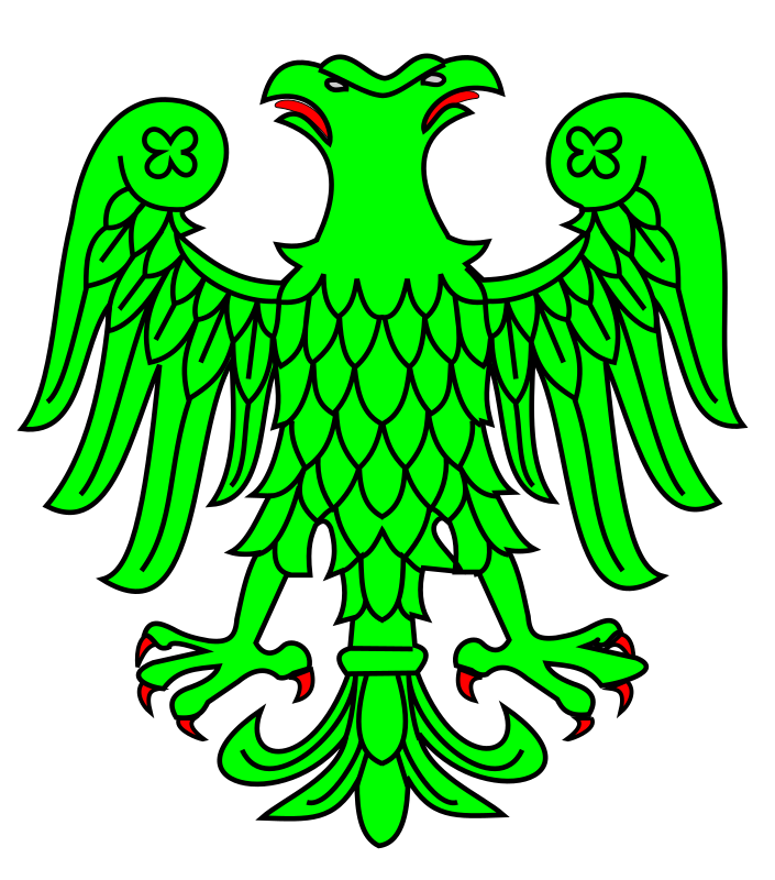 Aguila bicefala sinople, linguada y lampasada de gules