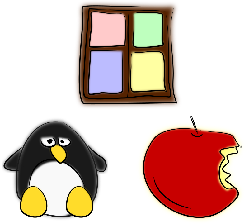 Window, penguin and apple