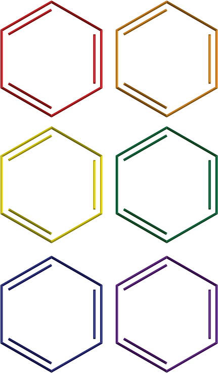 Benzene rings in rainbow colors