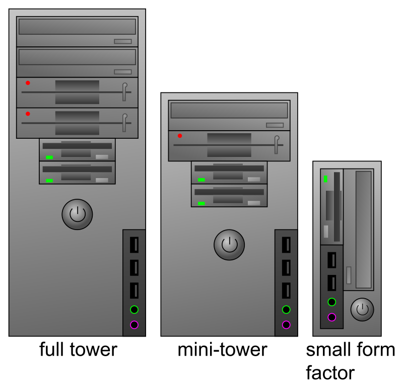 Three types of computer cases, set up