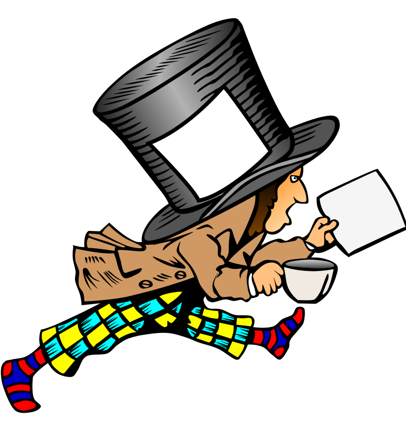 mad hatter with clean label on hat holding paper