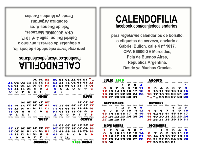 Almanaque 2015 Tarjetero doble fax