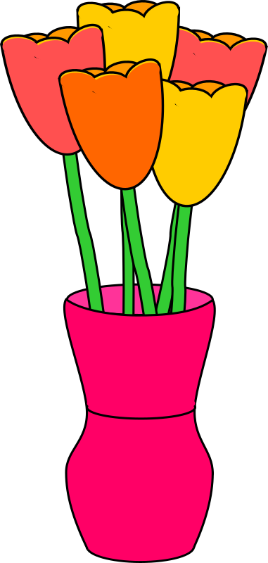 Pink vase of multicolored tulips