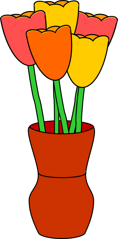 Brown vase with multicolored tulips