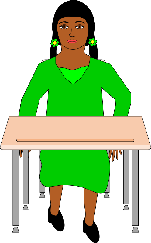 Girl in pigtails sitting at student desk