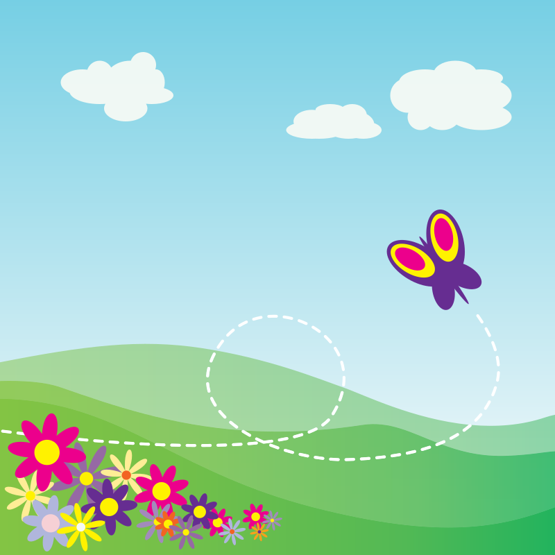 Cartoon Hillside with Butterfly and Flowers