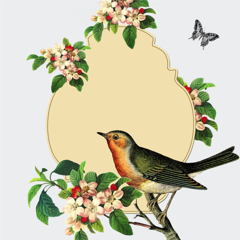 Vintage Bird With Apple Blossom