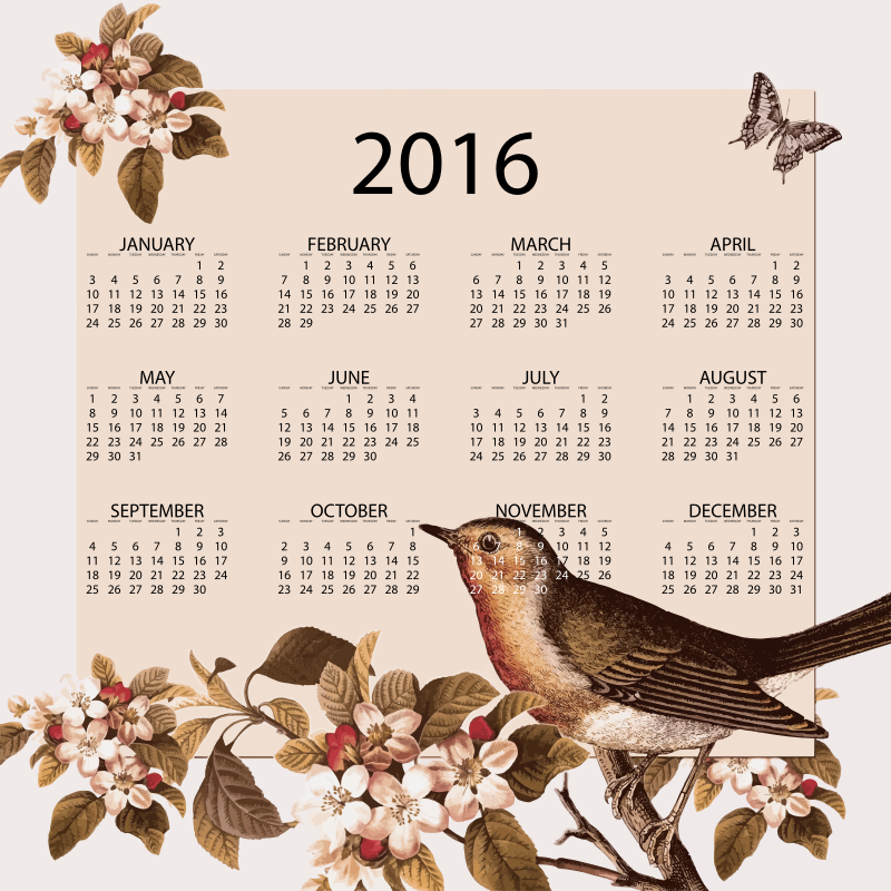 Vintage Bird And Floral 2016 Calendar