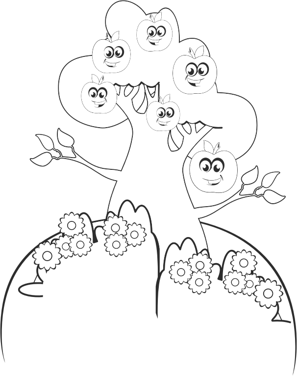 Anthropomorphic Apple Tree Line Art