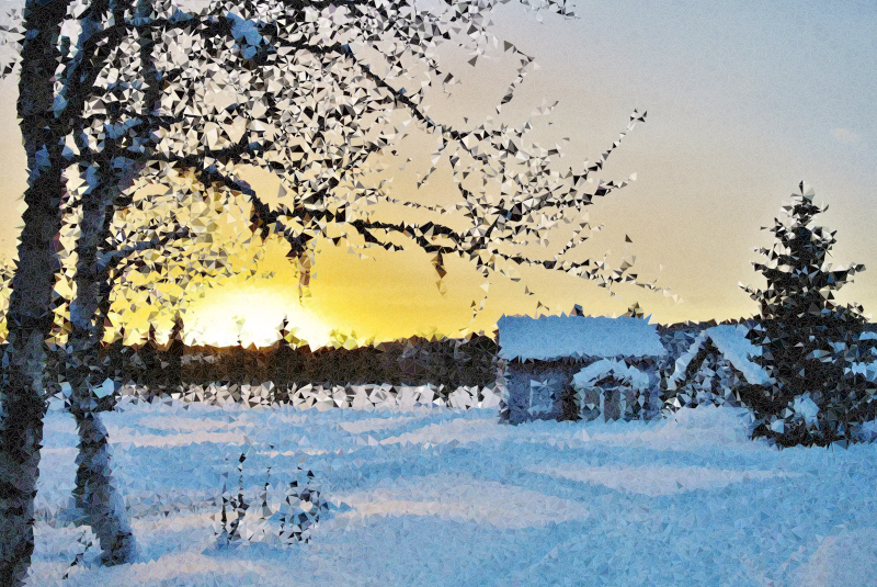 High Poly Snow Cottage Sunrise