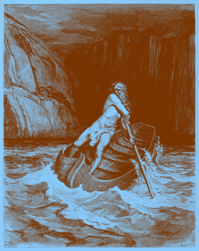 Charon, by Doré 1857 (in orange ink on blue paper)