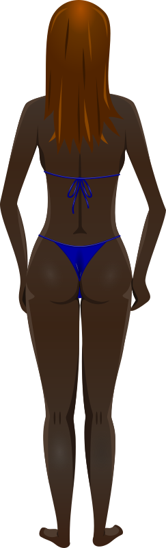 Young lady (dark skin, blue bikini, brown hair)