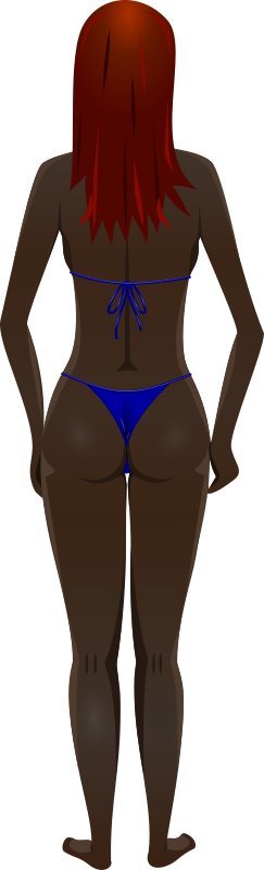 Young lady (dark skin, blue bikini, red hair)