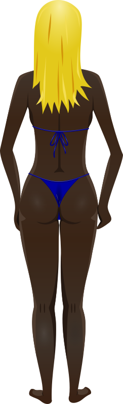 Young lady (dark skin, blue bikini, blonde hair)