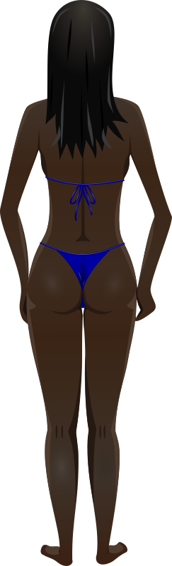 Young lady (dark skin, blue bikini, black hair)