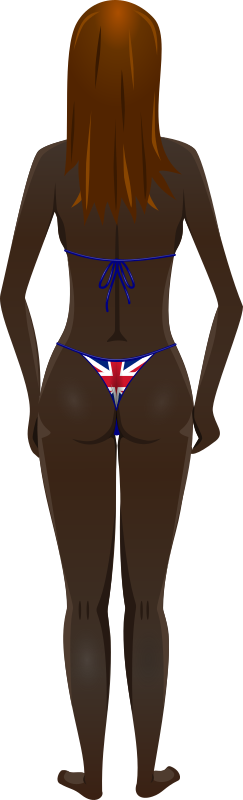 Young lady (dark skin, flag bikini, brown hair)