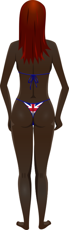 Young lady (dark skin, flag bikini, red hair)