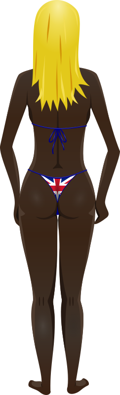 Young lady (dark skin, flag bikini, blonde hair)