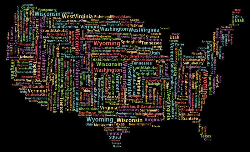 America States And Capitals Word Cloud