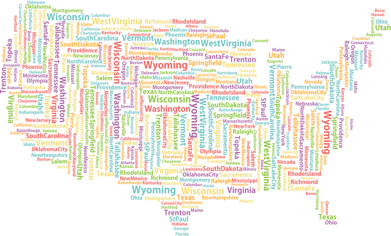 America States And Capitals Word Cloud No Background