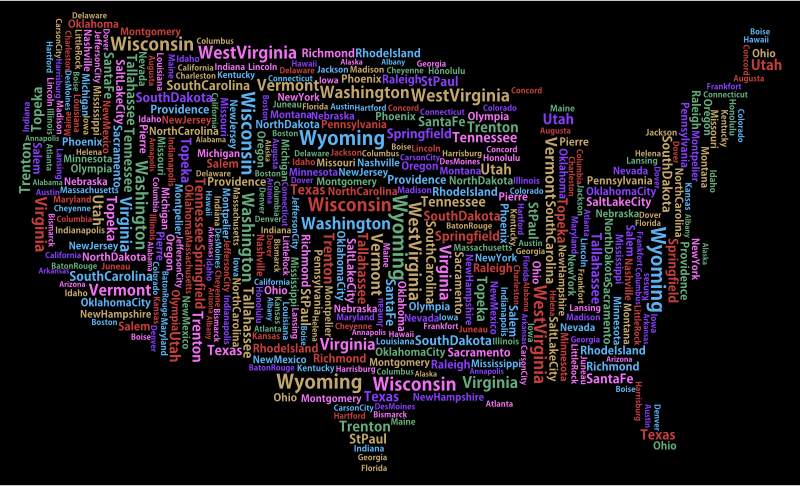 America States And Capitals Word Cloud Variation 2