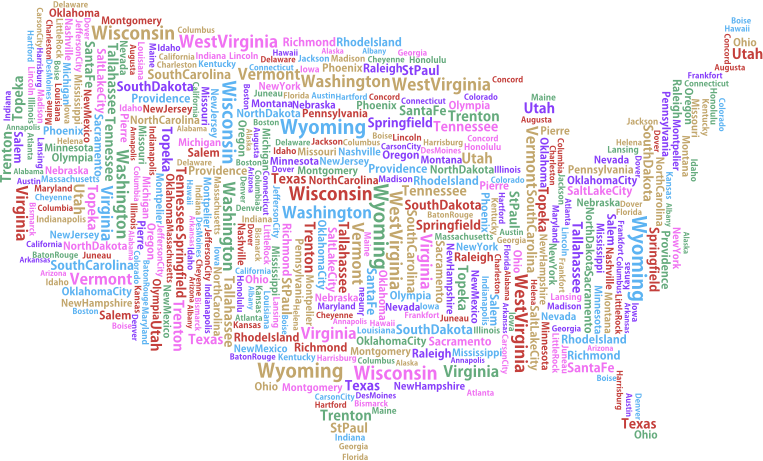 America States And Capitals Word Cloud Variation 2 No Background