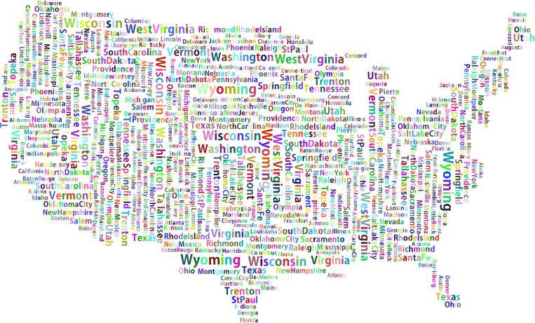 Prismatic America States And Capitals Word Cloud No Background