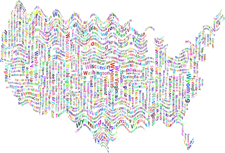 Prismatic Ripples America States And Capitals Word Cloud No Background