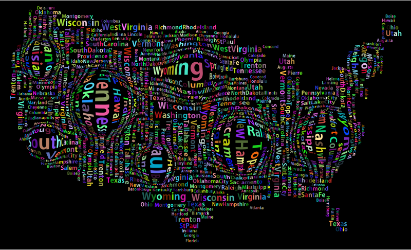 Prismatic Distorted America States And Capitals Word Cloud