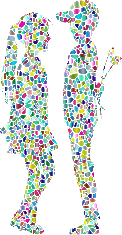 Polyprismatic Tiled Boy Giving Flowers To Girl Silhouette