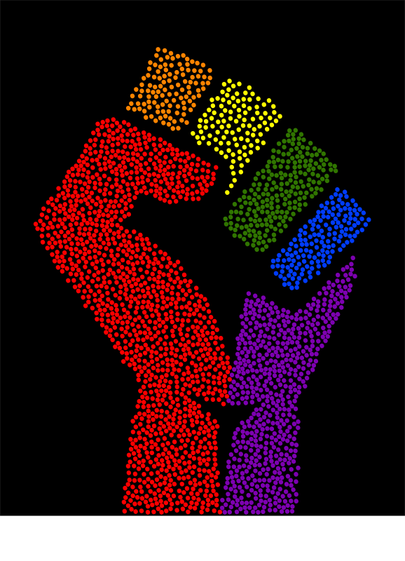 Rainbow fist (stippled, black background)