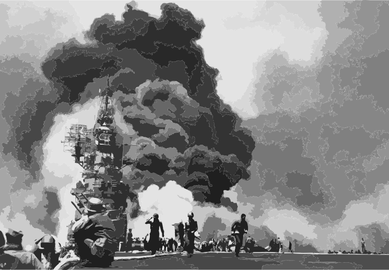 USS Bunker Hill hit by two Kamikazes