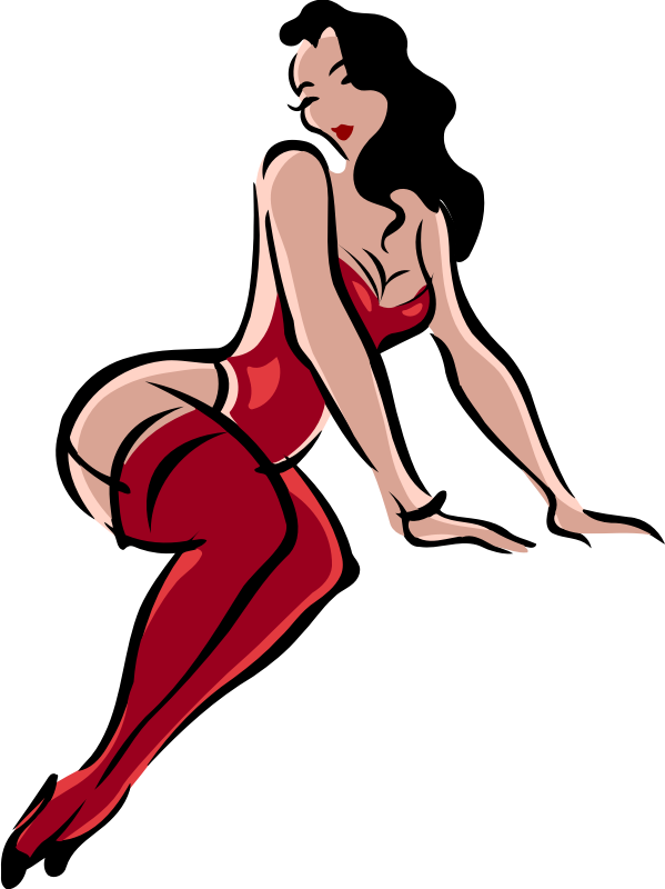 Lingerie model, light skin, black hair, red clothes