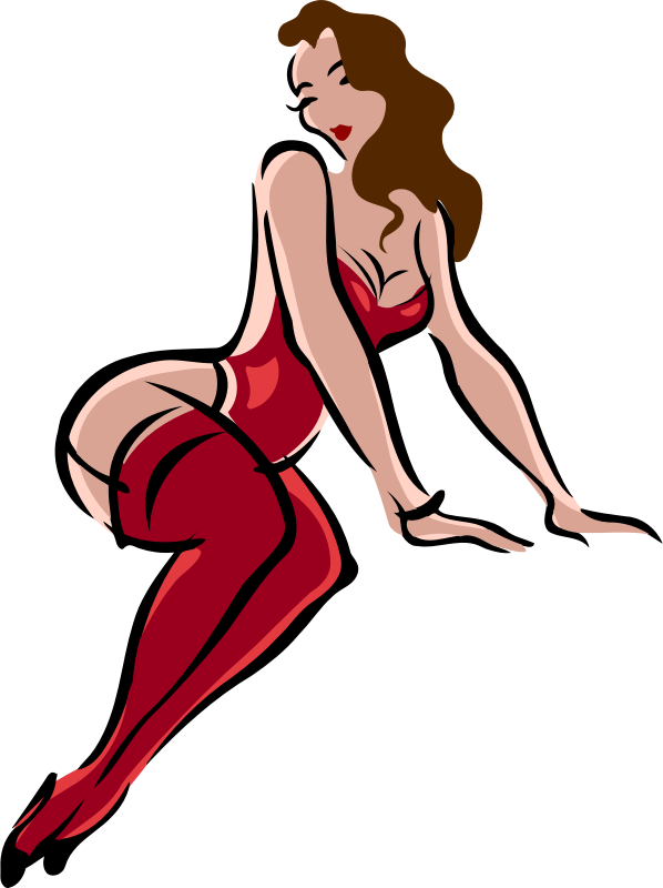 Lingerie model, light skin, brown hair, red clothes