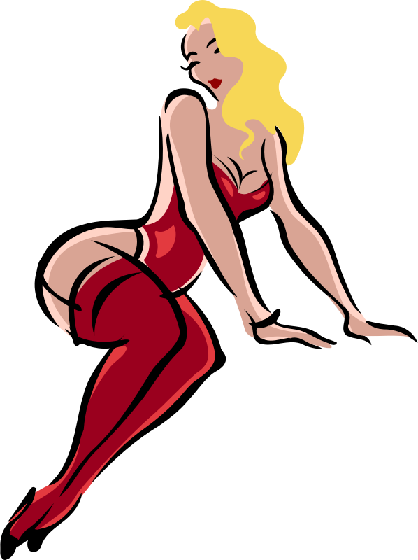 Lingerie model, light skin, blonde hair, red clothes