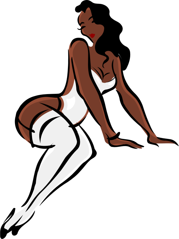 Lingerie model, dark skin, black hair, white clothes