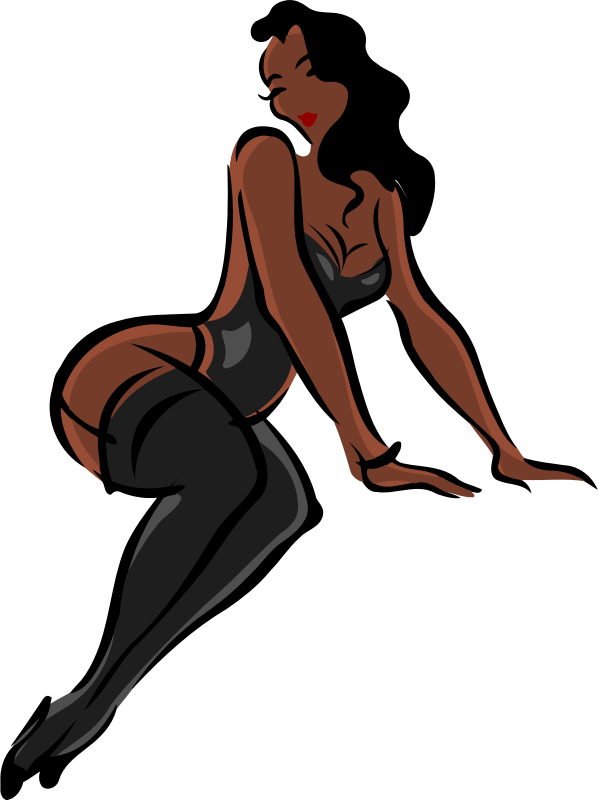 Lingerie model, dark skin, black hair, black clothes