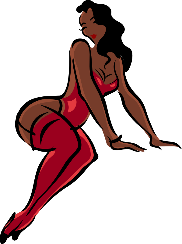 Lingerie model, dark skin, black hair, red clothes