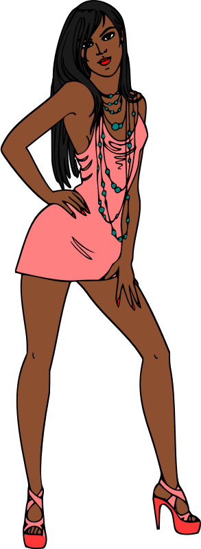 Woman in short pink dress (black hair, dark skin)